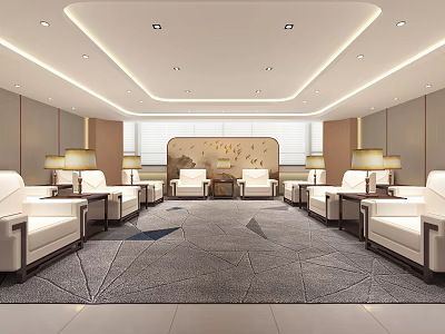 Hotel Public Lounge Area With White Sofas Table Lamps Gray Patterned Carpet Decorative Wall Art 3d model