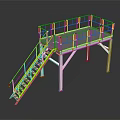 Industrial Metal Platform with Yellow Safety Railings Staircase and Red Support Legs