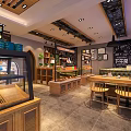Modern Dessert Shop Interior With Wooden Ceiling Glass Display Cases And Fresh Pastries