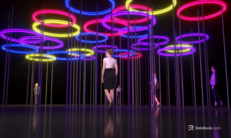 Colorful Neon Ring Decorative Lights With Vertical Poles And People Walking Underneath 3d model 