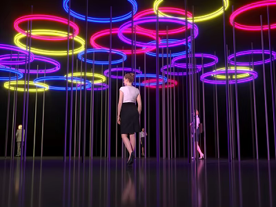 Colorful Neon Ring Decorative Lights With Vertical Poles And People Walking Underneath 3d model