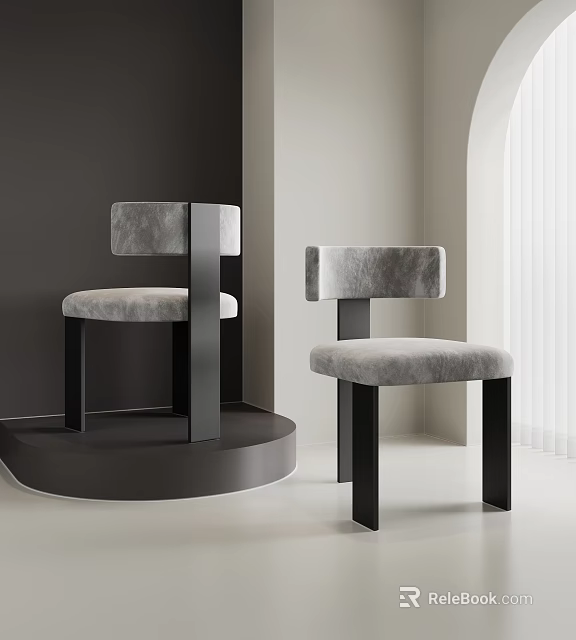 Modern Single Chair with Gray Velvet Upholstery and Black Wooden Legs in Minimalist Interior Design 3d model 