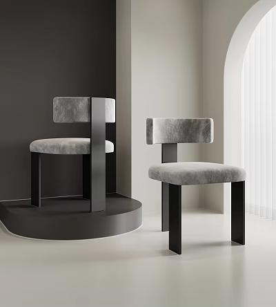 Modern Single Chair with Gray Velvet Upholstery and Black Wooden Legs in Minimalist Interior Design 3d model
