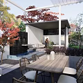 Modern Garden With Covered Patio Pool Bench Purple Flowers And Trees
