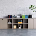Modern Bookcase With Open Shelves Closed Cabinets Books Globe Colorful Folders And Decorative Items