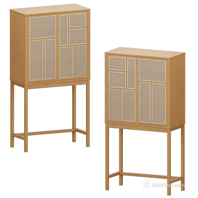 Two Modern Wooden Decorative Cabinets With Lattice Doors And Rattan Details 3d model 