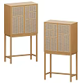 Two Modern Wooden Decorative Cabinets With Lattice Doors And Rattan Details