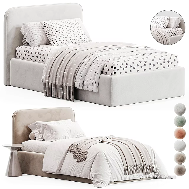 Cozy Modern Single Bed Interior With Upholstered Headboard Decorative Pillows And Striped Blanket 3d model 