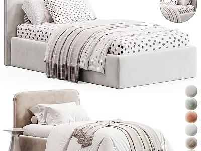 Cozy Modern Single Bed Interior With Upholstered Headboard Decorative Pillows And Striped Blanket 3d model