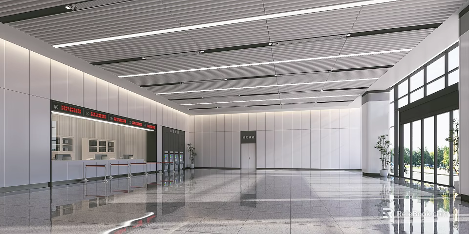 Modern Hall Interior With Smooth Floor Strip Lights Service Counter Elevator Door And Plants 3d model 
