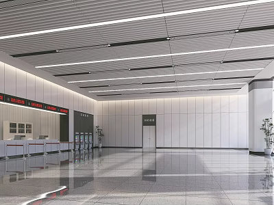 Modern Hall Interior With Smooth Floor Strip Lights Service Counter Elevator Door And Plants 3d model
