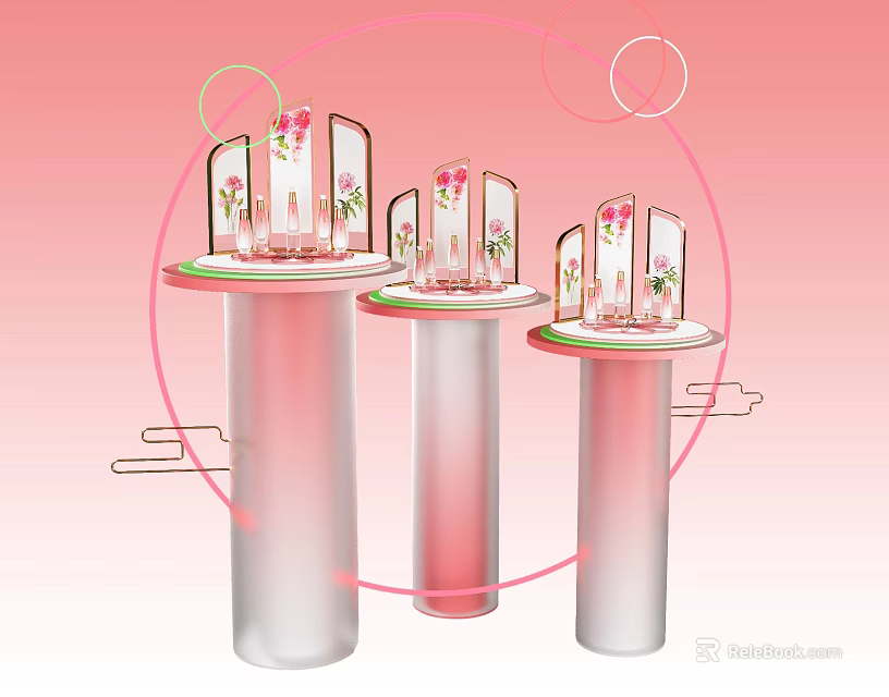 Modern Transparent Column Display Shelves With Circular Decorations And Floral Items On Pink Background 3d model 
