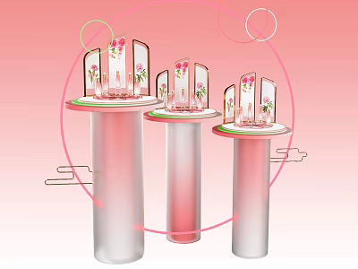 Modern Transparent Column Display Shelves With Circular Decorations And Floral Items On Pink Background 3d model