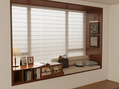 Wooden Built In Window Seat Area With Blinds Bookshelf And Decorative Paintings 3d model