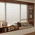 Wooden Built In Window Seat Area With Blinds Bookshelf And Decorative Paintings