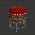 Wooden Stool With Red Padded Seat And White Dot Decoration On The Edge