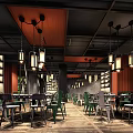Modern Industrial Restaurant Interior With Green Plant Wall Hanging Lights And Dining Tables