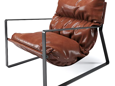 Brown Leather Single Sofa With Black Metal Frame Modern Pleated Design 3d model