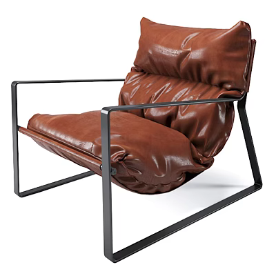 Brown Leather Single Sofa With Black Metal Frame Modern Pleated Design 3d model