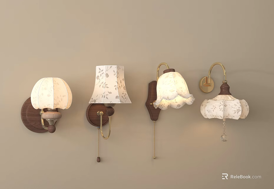 Vintage Style Wall Lamps With White Floral Lampshades And Wooden Bases 3d model 