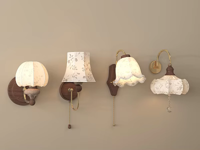 Vintage Style Wall Lamps With White Floral Lampshades And Wooden Bases 3d model