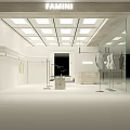 Modern White Interior Clothing Store With Glass Front Square Ceiling Lights And Clothing Displays
