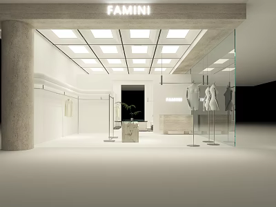 Modern White Interior Clothing Store With Glass Front Square Ceiling Lights And Clothing Displays 3d model