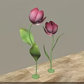 Window Display Decoration With Pink Tulips Green Stems And Wooden Countertop