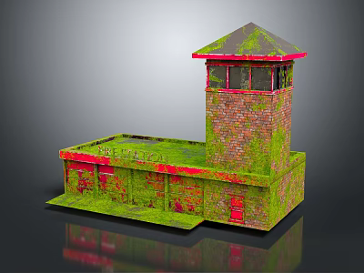 Fire Station Brick Structure With Moss Covered Walls Red Doors Roof Edge And Tower 3d model