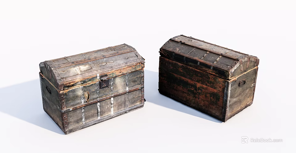Two Vintage Wooden Trunks With Rustic Finish And Metal Accents On White 3d model 