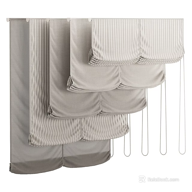 Stylish Striped Curtains With Soft Pleats And Hanging Tassel Details 3d model 