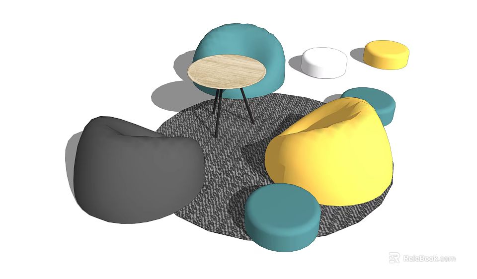 Colorful Bean Bag Chairs With Small Round Table And Stools On Patterned Rug 3d model