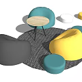 Colorful Bean Bag Chairs With Small Round Table And Stools On Patterned Rug 3d model