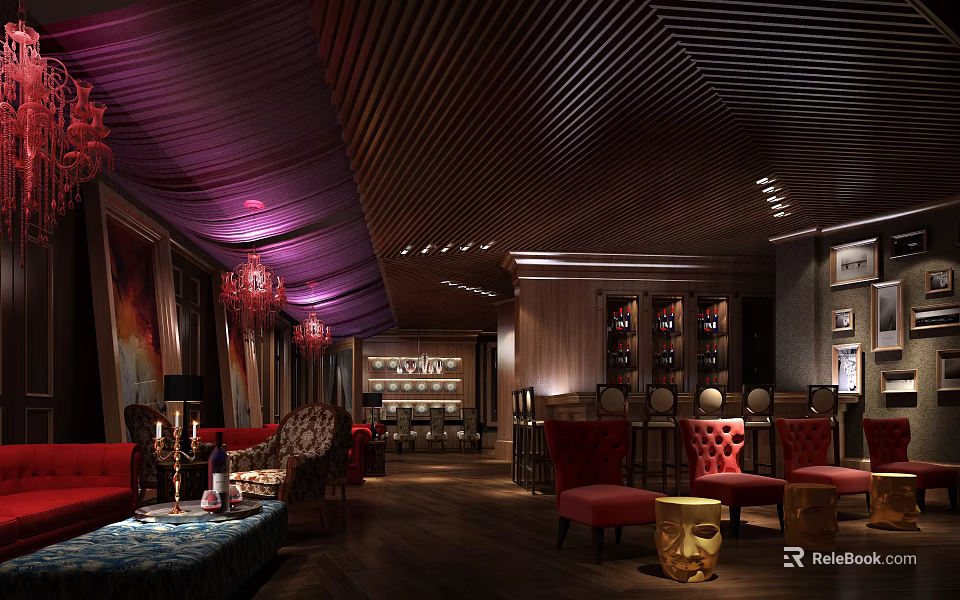 Elegant Bar Interior With Wooden Ceiling Wine Racks And Comfortable Seating 3d model 