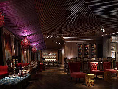 Elegant Bar Interior With Wooden Ceiling Wine Racks And Comfortable Seating 3d model