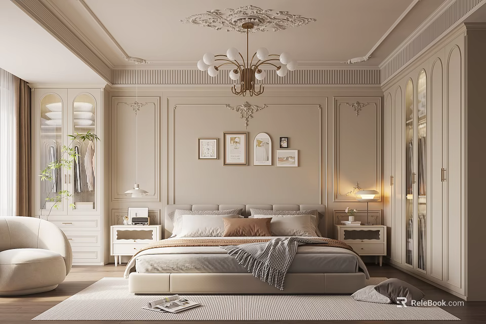 Elegant Bedroom Interior Design With Paneled Walls Chandelier Bed Pillows Nightstands Table Lamps And Wardrobes 3d model 