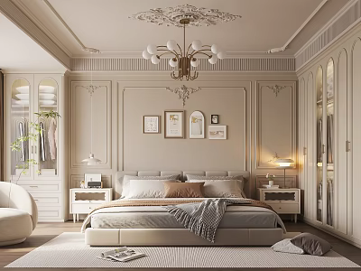 Elegant Bedroom Interior Design With Paneled Walls Chandelier Bed Pillows Nightstands Table Lamps And Wardrobes 3d model