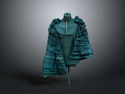 Green Ruffled Cape Design On Mannequin With Elegant Fashion Details 3d model