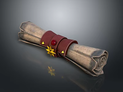 Vintage Scroll With Red Leather Bindings And Golden Star Adorned With Animal Motifs 3d model