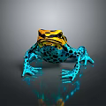 Vibrant Frog With Yellow Head Blue Body And Black Spots Sitting On Shiny Surface