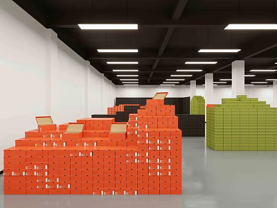 Warehouse Storage Area With Stacked Orange Black Green Boxes And Ceiling Lights White Walls 3d model