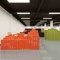 Warehouse Storage Area With Stacked Orange Black Green Boxes And Ceiling Lights White Walls