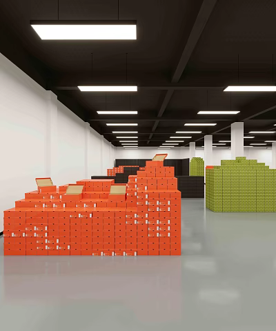 Warehouse Storage Area With Stacked Orange Black Green Boxes And Ceiling Lights White Walls 3d model