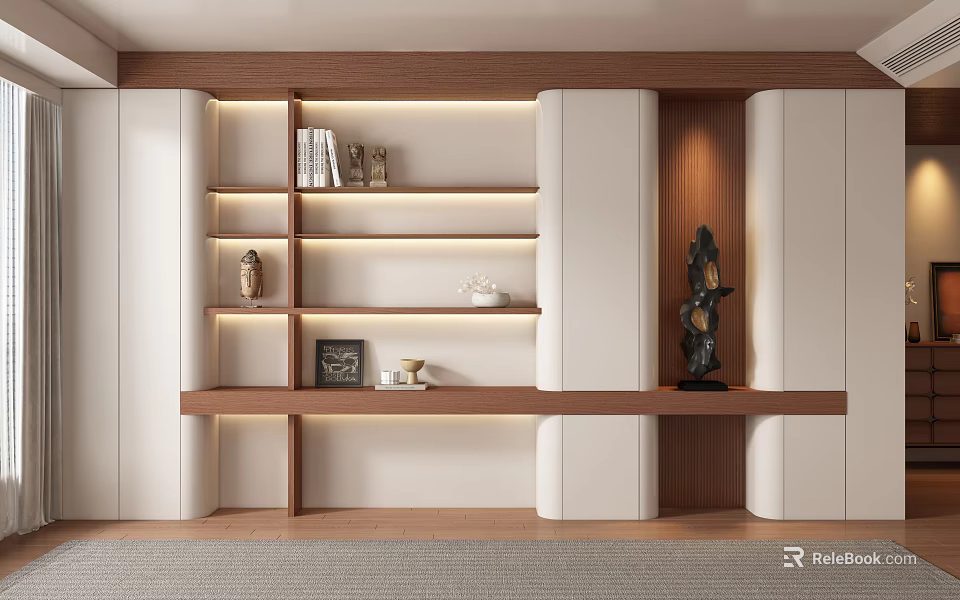 Modern Luxury Sofa Background Wall With Wooden Shelves White Panels And LED Lighting 3d model 