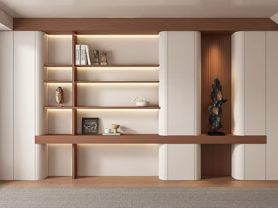 Modern Luxury Sofa Background Wall With Wooden Shelves White Panels And LED Lighting 3d model