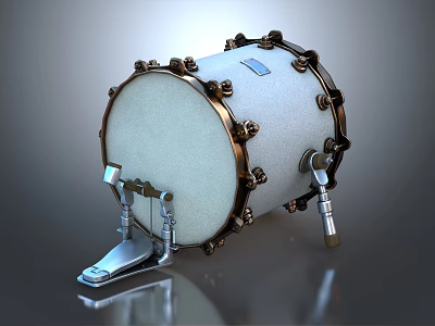 Vintage White Snare Drum With Metal Hoops And Pedal Stand Musical Instrument 3d model