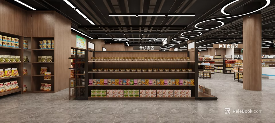 Supermarket Grocery Leisure Food Section with Various Packaged Snacks Neatly Displayed on Shelves 3d model 