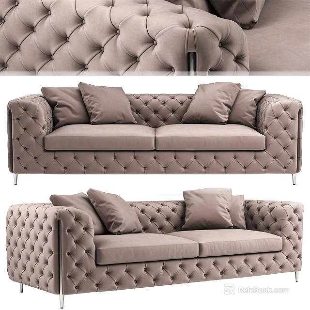 Luxurious Beige Velvet Two Seater Sofa With Tufted Design Pillows And Metal Legs 3d model 