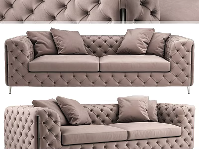 Luxurious Beige Velvet Two Seater Sofa With Tufted Design Pillows And Metal Legs 3d model