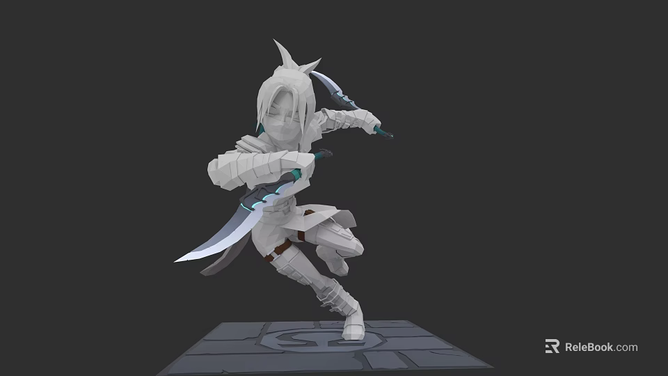 3D Model of Female Warrior in Dynamic Pose Wielding Dual Swords with Action Stance 3d model 
